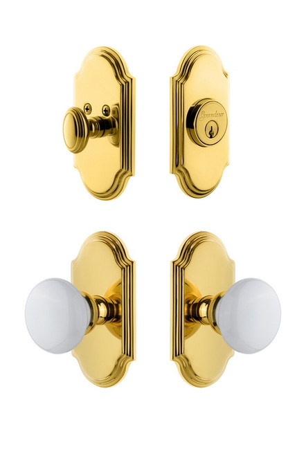 Grandeur Hardware - Arc Plate with Hyde Park Porcelain Knob and matching Deadbolt in Lifetime Brass - ARCHYD - 826853