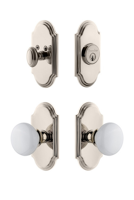 Grandeur Hardware - Arc Plate with Hyde Park Porcelain Knob and matching Deadbolt in Polished Nickel - ARCHYD - 826861