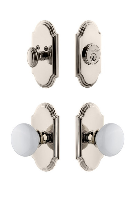 Grandeur Hardware - Arc Plate with Hyde Park Porcelain Knob and matching Deadbolt in Polished Nickel - ARCHYD - 826877