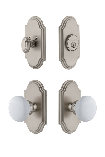 Grandeur Hardware - Arc Plate with Hyde Park Porcelain Knob and matching Deadbolt in Satin Nickel - ARCHYD - 826913