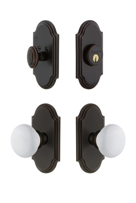 Grandeur Hardware - Arc Plate with Hyde Park Porcelain Knob and matching Deadbolt in Timeless Bronze - ARCHYD - 826917