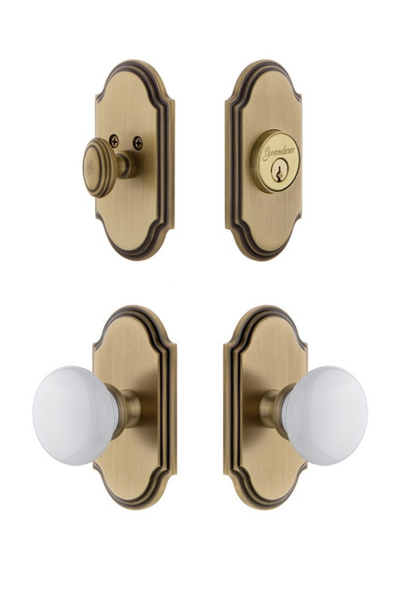 Grandeur Hardware - Arc Plate with Hyde Park Porcelain Knob and matching Deadbolt in Vintage Brass - ARCHYD - 826937