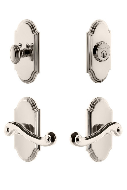 Grandeur Hardware - Arc Plate with Newport Lever and matching Deadbolt in Polished Nickel - ARCNEW - 834446