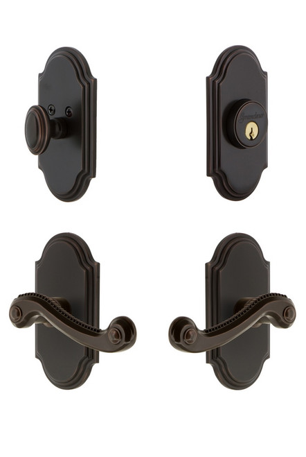 Grandeur Hardware - Arc Plate with Newport Lever and matching Deadbolt in Timeless Bronze - ARCNEW - 834450