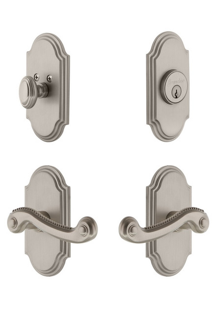 Grandeur Hardware - Arc Plate with Newport Lever and matching Deadbolt in Satin Nickel - ARCNEW - 834456