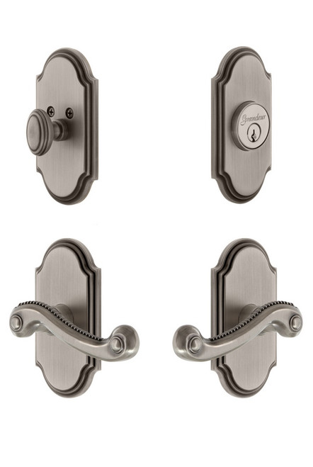 Grandeur Hardware - Arc Plate with Newport Lever and matching Deadbolt in Antique Pewter - ARCNEW - 834462