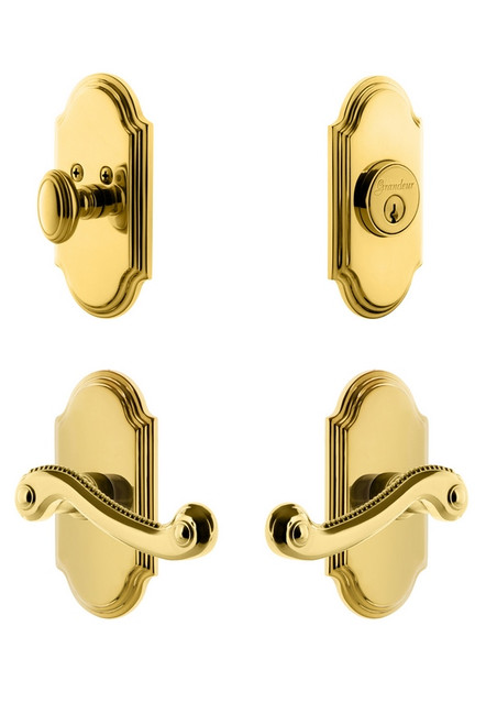 Grandeur Hardware - Arc Plate with Newport Lever and matching Deadbolt in Lifetime Brass - ARCNEW - 834465