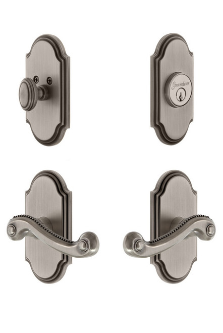 Grandeur Hardware - Arc Plate with Newport Lever and matching Deadbolt in Antique Pewter - ARCNEW - 834476