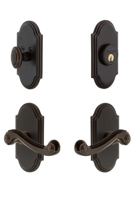 Grandeur Hardware - Arc Plate with Newport Lever and matching Deadbolt in Timeless Bronze - ARCNEW - 834508