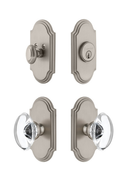 Grandeur Hardware - Arc Plate with Provence Crystal Knob and matching Deadbolt in Satin Nickel - ARCPRO - 827057