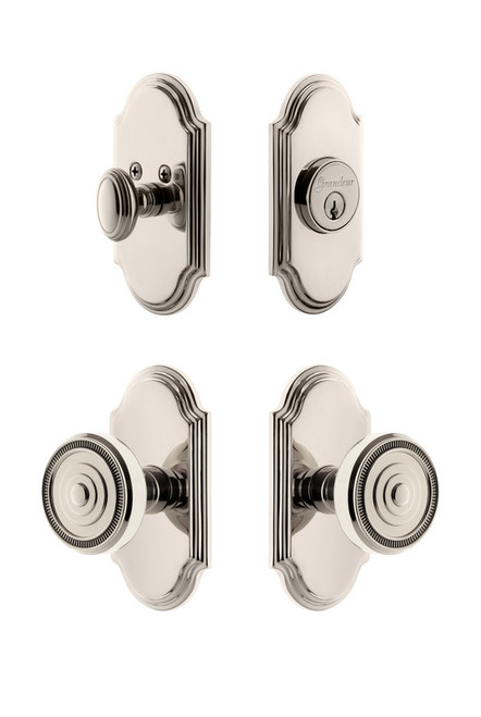 Grandeur Hardware - Arc Plate with Soleil Knob and matching Deadbolt in Polished Nickel - ARCSOL - 833776