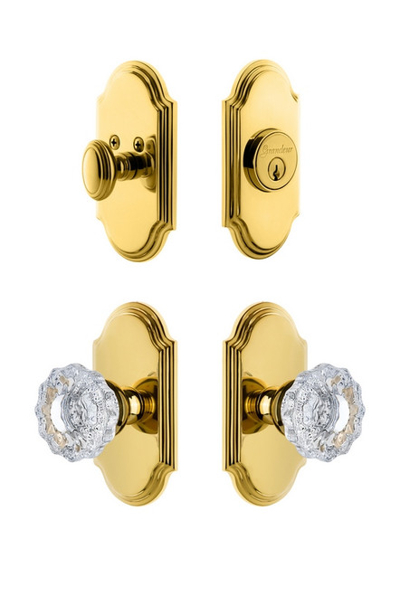 Grandeur Hardware - Arc Plate with Versailles Crystal Knob and matching Deadbolt in Lifetime Brass - ARCVER - 827141