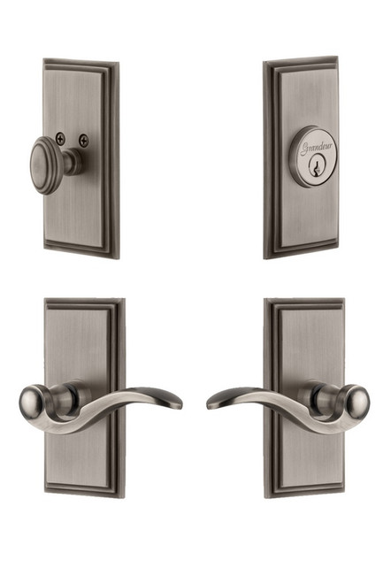 Grandeur Hardware - Carre Plate with Bellagio Lever and matching Deadbolt in Antique Pewter - CARBEL - 827330