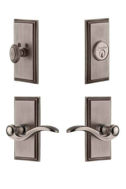 Grandeur Hardware - Carre Plate with Bellagio Lever and matching Deadbolt in Antique Pewter - CARBEL - 827518