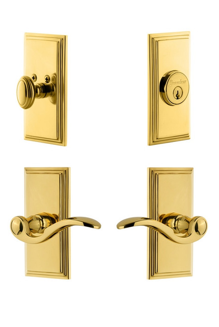 Grandeur Hardware - Carre Plate with Bellagio Lever and matching Deadbolt in Lifetime Brass - CARBEL - 827334