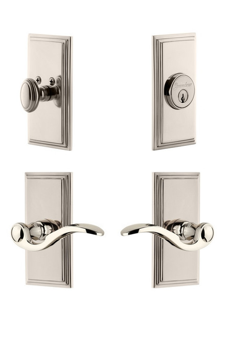 Grandeur Hardware - Carre Plate with Bellagio Lever and matching Deadbolt in Polished Nickel - CARBEL - 827406