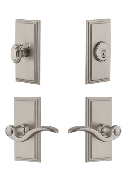 Grandeur Hardware - Carre Plate with Bellagio Lever and matching Deadbolt in Satin Nickel - CARBEL - 827538