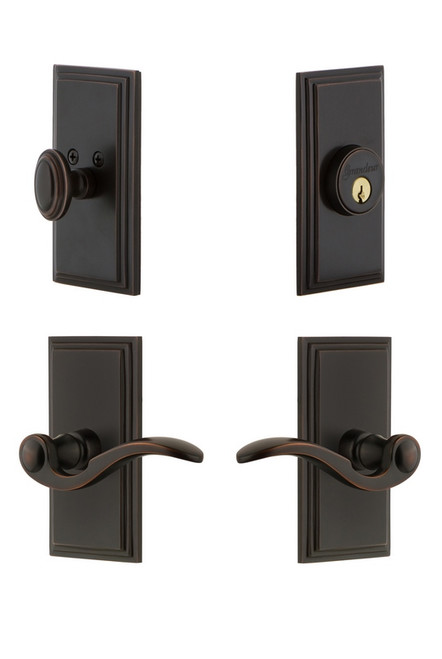 Grandeur Hardware - Carre Plate with Bellagio Lever and matching Deadbolt in Timeless Bronze - CARBEL - 827398