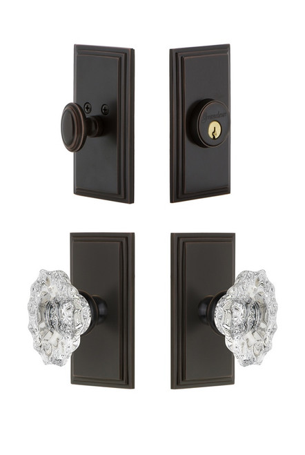 Grandeur Hardware - Carre Plate with Biarritz Crystal Knob and matching Deadbolt in Timeless Bronze - CARBIA - 826102