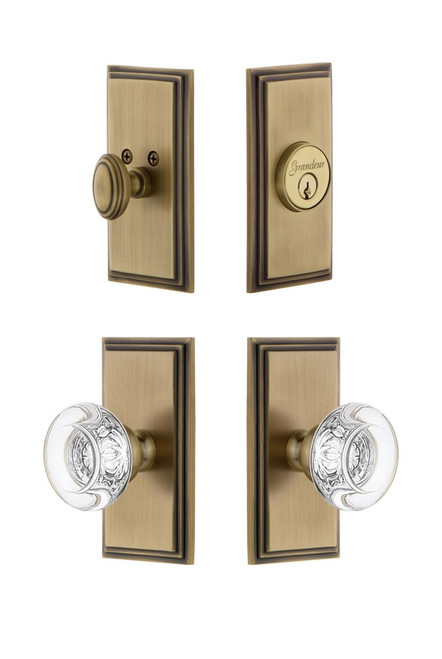 Grandeur Hardware - Carre Plate with Bordeaux Crystal Knob and matching Deadbolt in Vintage Brass - CARBOR - 826250