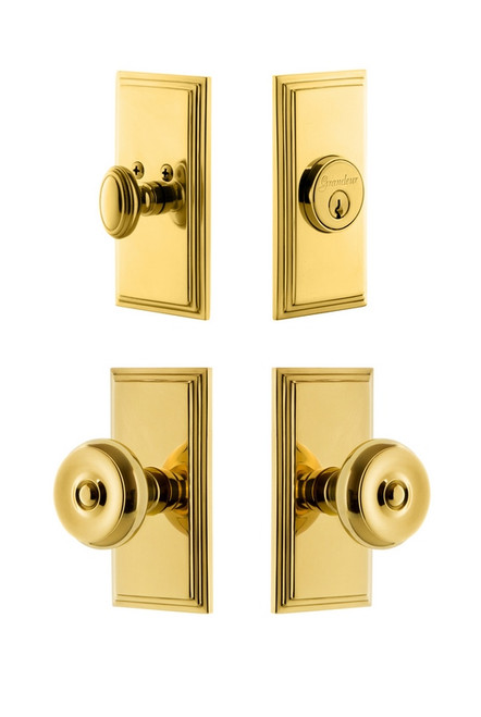 Grandeur Hardware - Carre Plate with Bouton Knob and matching Deadbolt in Lifetime Brass - CARBOU - 833928