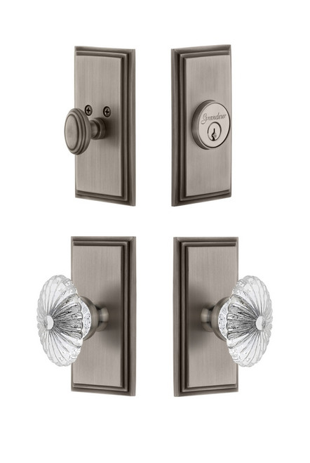 Grandeur Hardware - Carre Plate with Burgundy Crystal Knob and matching Deadbolt in Antique Pewter - CARBUR - 826270