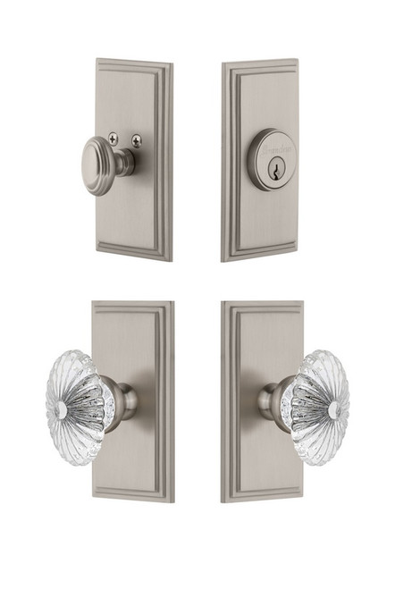 Grandeur Hardware - Carre Plate with Burgundy Crystal Knob and matching Deadbolt in Satin Nickel - CARBUR - 826354