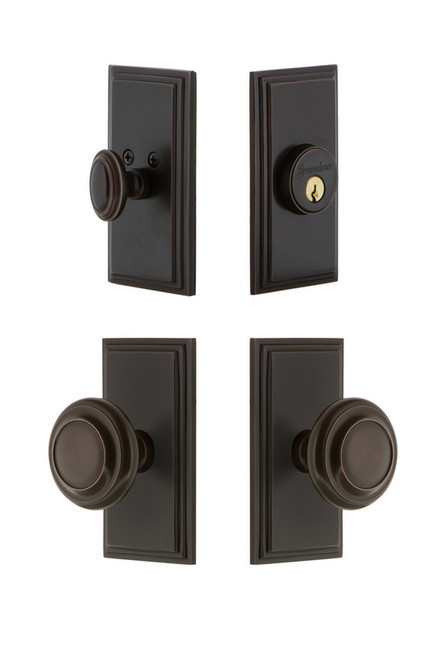 Grandeur Hardware - Carre Plate with Circulaire Knob and matching Deadbolt in Timeless Bronze - CARCIR - 833852