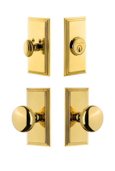 Grandeur Hardware - Carre Plate with Fifth Avenue Knob and matching Deadbolt in Lifetime Brass - CARFAV - 826570