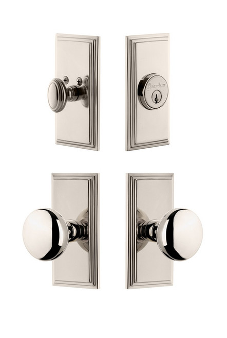 Grandeur Hardware - Carre Plate with Fifth Avenue Knob and matching Deadbolt in Polished Nickel - CARFAV - 826590