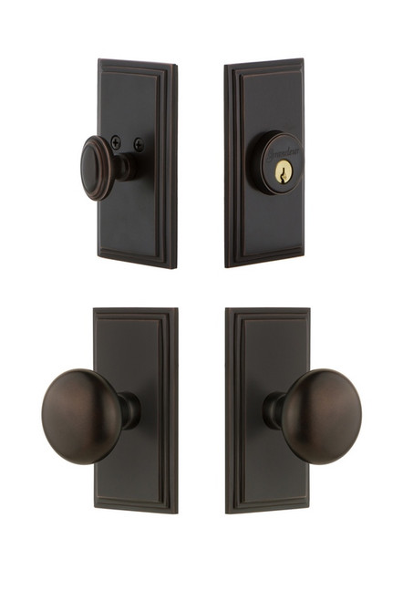 Grandeur Hardware - Carre Plate with Fifth Avenue Knob and matching Deadbolt in Timeless Bronze - CARFAV - 826630