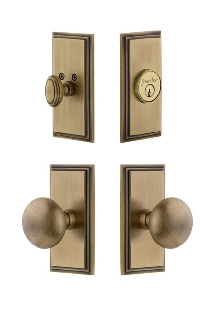 Grandeur Hardware - Carre Plate with Fifth Avenue Knob and matching Deadbolt in Vintage Brass - CARFAV - 826586