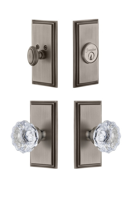 Grandeur Hardware - Carre Plate with Fontainebleau Crystal Knob and matching Deadbolt in Antique Pewter - CARFON - 826658