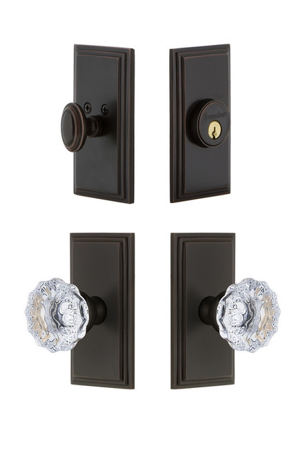 Grandeur Hardware - Carre Plate with Fontainebleau Crystal Knob and matching Deadbolt in Timeless Bronze - CARFON - 826678