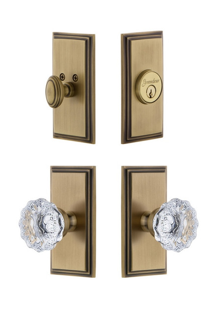 Grandeur Hardware - Carre Plate with Fontainebleau Crystal Knob and matching Deadbolt in Vintage Brass - CARFON - 826682