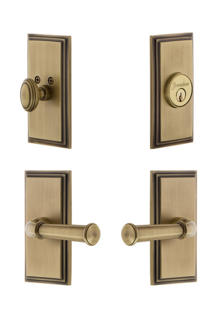 Grandeur Hardware - Carre Plate with Georgetown Lever and matching Deadbolt in Vintage Brass - CARGEO - 834823