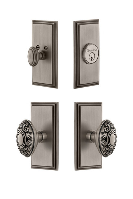 Grandeur Hardware - Carre Plate with Grande Victorian Knob and matching Deadbolt in Antique Pewter - CARGVC - 826750