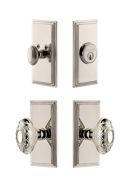 Grandeur Hardware - Carre Plate with Grande Victorian Knob and matching Deadbolt in Polished Nickel - CARGVC - 826766