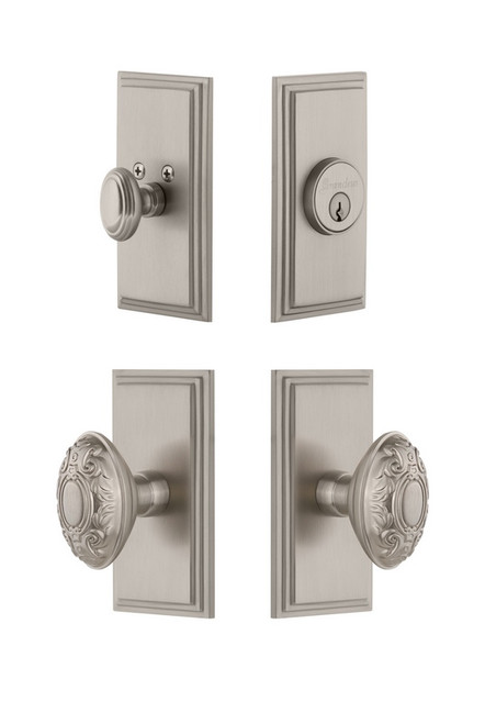 Grandeur Hardware - Carre Plate with Grande Victorian Knob and matching Deadbolt in Satin Nickel - CARGVC - 826770