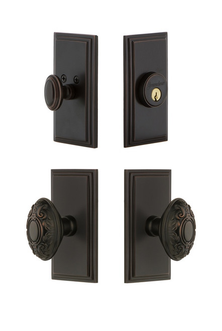 Grandeur Hardware - Carre Plate with Grande Victorian Knob and matching Deadbolt in Timeless Bronze - CARGVC - 826774