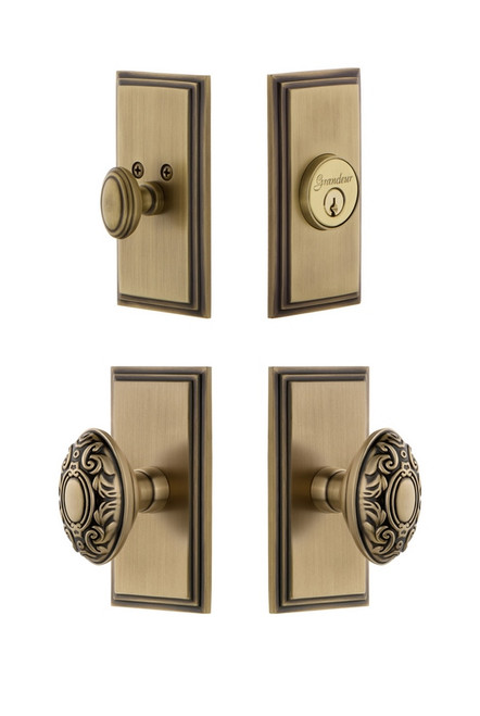 Grandeur Hardware - Carre Plate with Grande Victorian Knob and matching Deadbolt in Vintage Brass - CARGVC - 826794