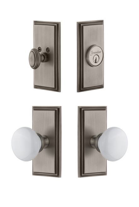 Grandeur Hardware - Carre Plate with Hyde Park Porcelain Knob and matching Deadbolt in Antique Pewter - CARHYD - 826846