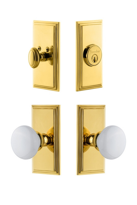 Grandeur Hardware - Carre Plate with Hyde Park Porcelain Knob and matching Deadbolt in Lifetime Brass - CARHYD - 826854