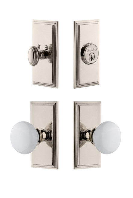 Grandeur Hardware - Carre Plate with Hyde Park Porcelain Knob and matching Deadbolt in Polished Nickel - CARHYD - 826862