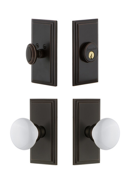 Grandeur Hardware - Carre Plate with Hyde Park Porcelain Knob and matching Deadbolt in Timeless Bronze - CARHYD - 826870