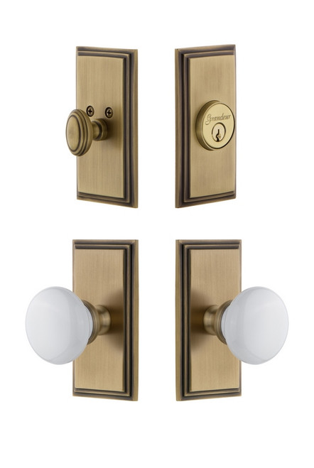 Grandeur Hardware - Carre Plate with Hyde Park Porcelain Knob and matching Deadbolt in Vintage Brass - CARHYD - 826874