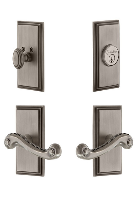 Grandeur Hardware - Carre Plate with Newport Lever and matching Deadbolt in Antique Pewter - CARNEW - 834510