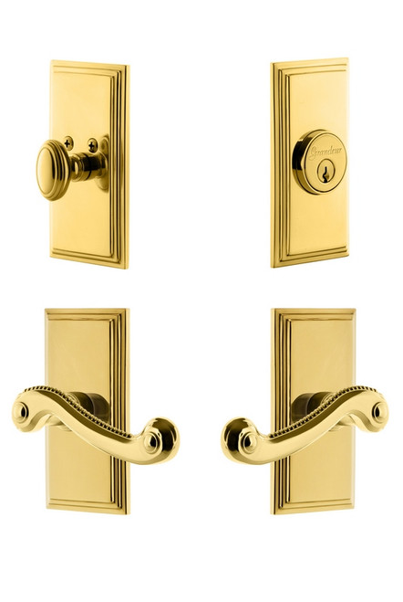 Grandeur Hardware - Carre Plate with Newport Lever and matching Deadbolt in Lifetime Brass - CARNEW - 834516