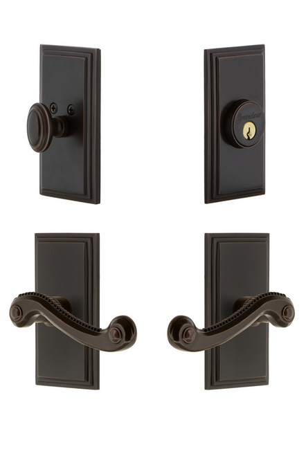 Grandeur Hardware - Carre Plate with Newport Lever and matching Deadbolt in Timeless Bronze - CARNEW - 834522