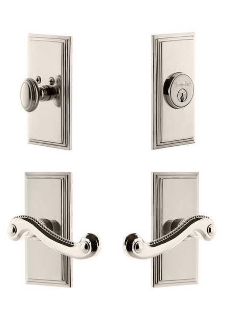 Grandeur Hardware - Carre Plate with Newport Lever and matching Deadbolt in Polished Nickel - CARNEW - 834526